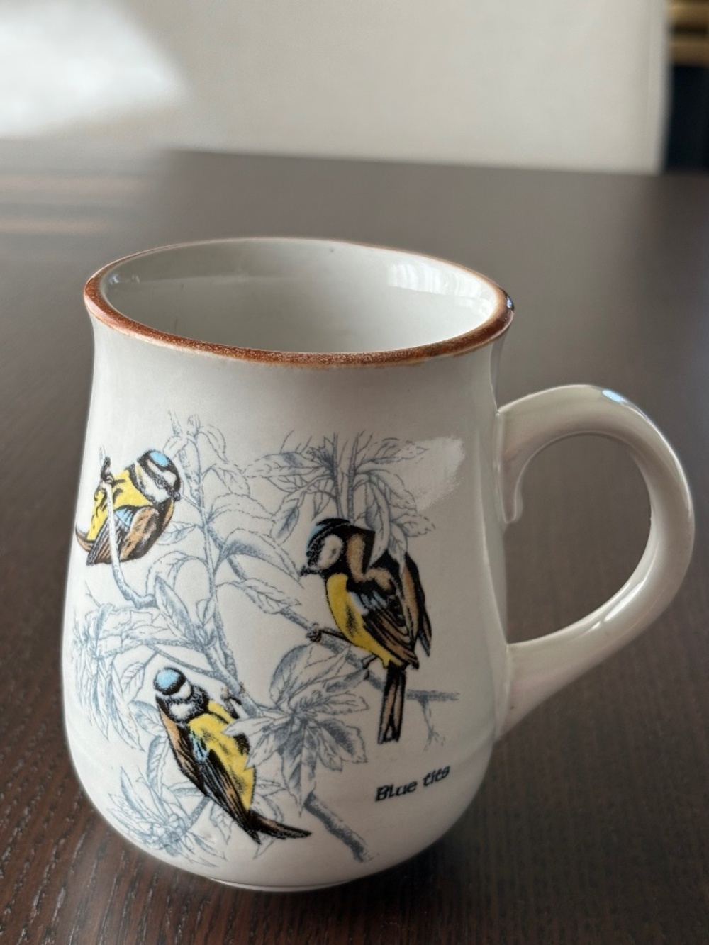 Vintage Stoneware Blue and Yellow Birds Coffee Mug - Cottagecore Nature Cup